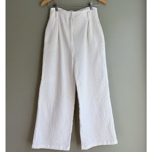 FRNCH Paris SM White Crinkle Cotton Wide Leg High Rise Crop Trouser Pant Coastal